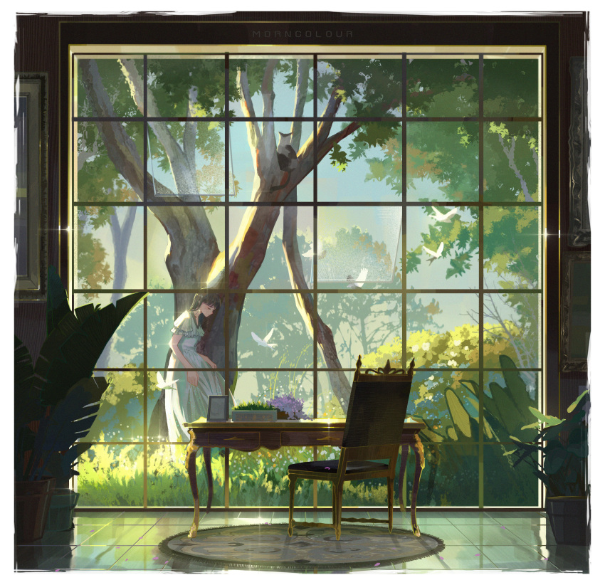 1girl absurdres bangs bird border brown_hair carpet cat chair closed_eyes dress grass highres long_hair morncolour original picture_frame plant potted_plant scenery skirt_hold solo table tile_floor tiles tree white_bird white_border white_dress window