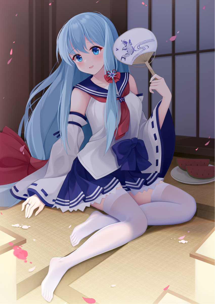 1girl bangs blue_eyes blue_hair blue_sailor_collar blue_skirt bow commentary_request detached_sleeves eyebrows_visible_through_hair fengli_(709622571) hair_between_eyes hair_bow hand_fan highres holding holding_fan long_hair long_sleeves no_shoes paper_fan petals plate pleated_skirt red_bow ribbon-trimmed_sleeves ribbon_trim sailor_collar shirayuki_(warship_girls_r) shirt sitting skirt sleeves_past_wrists solo thigh-highs uchiwa very_long_hair warship_girls_r watermelon_slice white_legwear white_shirt white_sleeves wide_sleeves yokozuwari