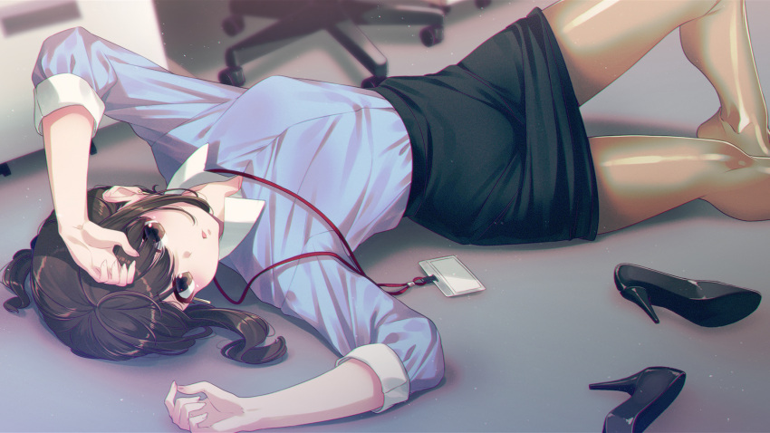 1girl 40hara black_skirt blue_shirt brown_eyes brown_hair brown_legwear chair clothes_lift collared_shirt douki-chan_(douki-chan) dress_shirt earrings end_card floor ganbare_douki-chan high_heels highres id_card jewelry lanyard looking_at_viewer looking_to_the_side lying no_shoes office_chair office_lady on_back on_floor pantyhose shiny shiny_clothes shiny_legwear shirt shoes shoes_removed sidelocks skirt skirt_lift solo
