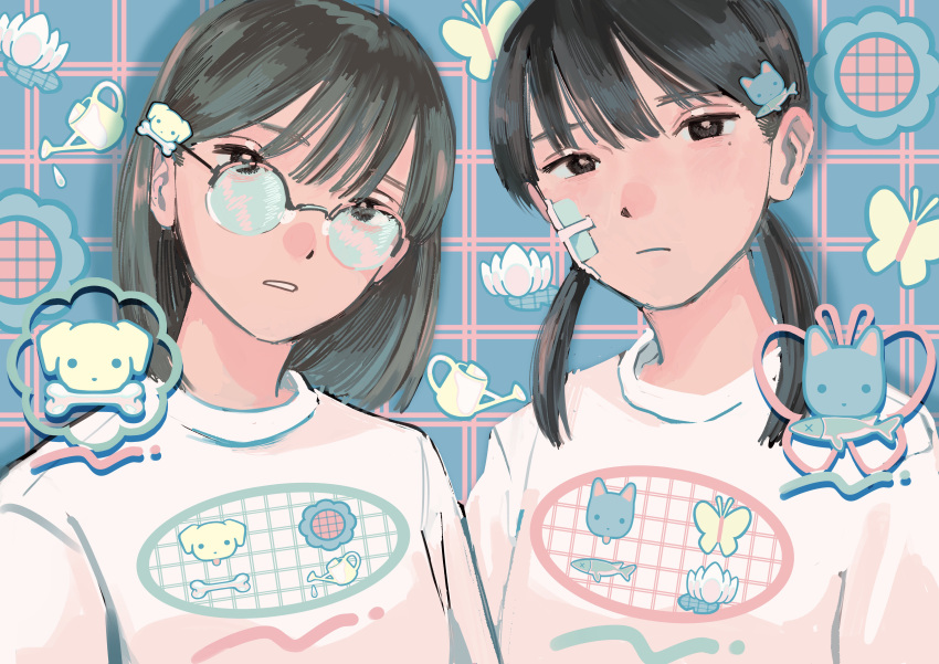 2girls absurdres bandaid bandaid_on_face black_hair bone bug butterfly cat cat_hair_ornament dog dog_hair_ornament fish flower frown glasses hair_ornament hairclip highres looking_at_viewer medium_hair mole mole_under_eye multiple_girls original shirt t-shirt tomei_ningen twintails upper_body watering_can