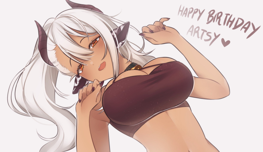 1girl animal_ears artsy_(vtuber) bell breasts brown_nails commentary cow_ears cowbell dark-skinned_female dark_skin english_commentary english_text eyebrows_visible_through_hair happy_birthday heart highres horns indie_virtual_youtuber large_breasts lying noto_hams on_back parted_lips upper_teeth virtual_youtuber
