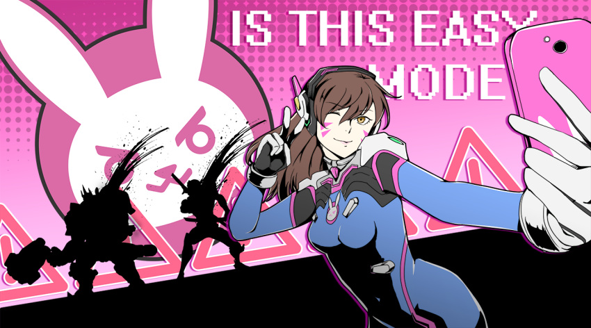 1girl 2boys all-out_attack blue_bodysuit bodysuit breasts brown_hair cellphone d.va_(overwatch) desilvered english_text facial_mark genji_(overwatch) medium_breasts multiple_boys one_eye_closed overwatch parody persona persona_5 phone reinhardt_(overwatch) selfie tagme v yellow_eyes