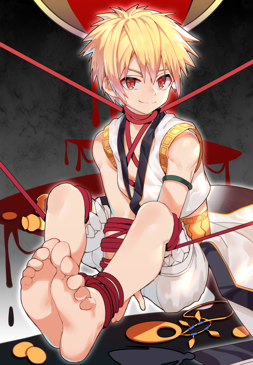 1boy absurdres bare_legs barefoot blonde_hair bound bound_arms child child_gilgamesh_(fate) closed_mouth commentary fate/grand_order fate_(series) gilgamesh_(fate) highres looking_at_viewer male_focus ribbon shorts sora_(zwz030)