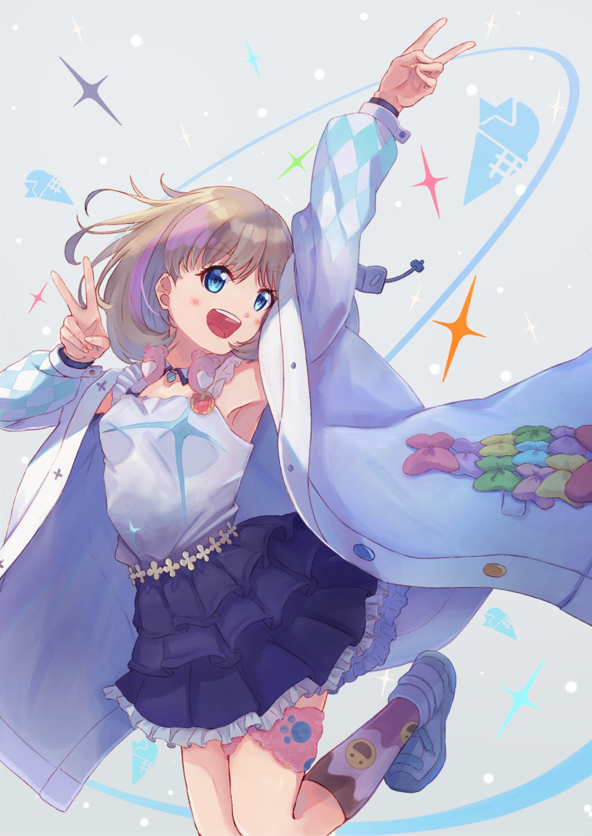 1girl birthday blue_eyes blue_skirt blush commentary_request frills hajimari_wa_kimi_no_sora highres jacket kneehighs light_brown_hair long_sleeves looking_at_viewer love_live! love_live!_superstar!! macken666 open_clothes open_jacket open_mouth shoes short_hair skirt smile solo tang_keke upper_teeth white_footwear white_jacket