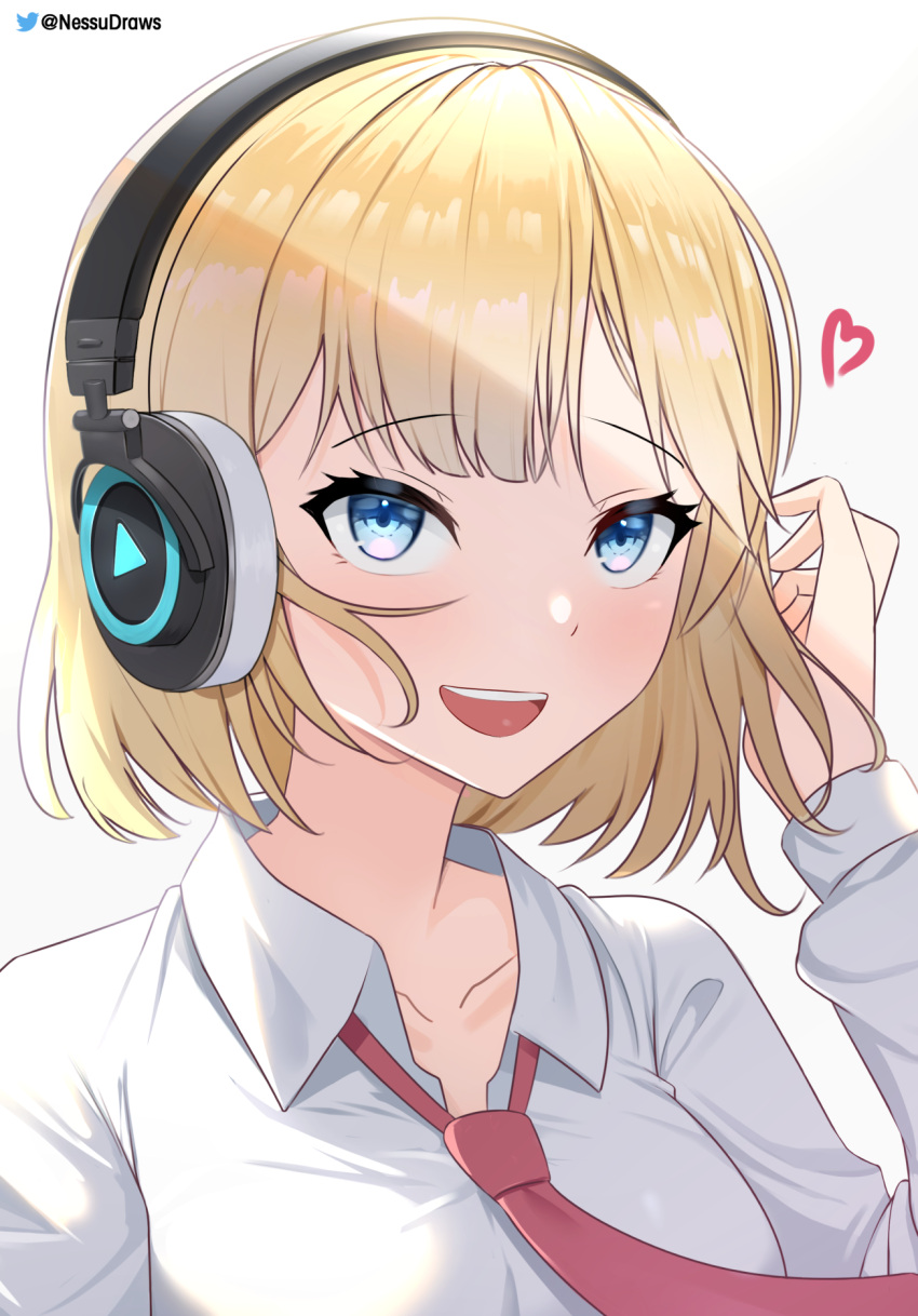 1girl blonde_hair blue_eyes collared_shirt english_commentary eyebrows_visible_through_hair headphones heart highres hololive hololive_english looking_at_viewer necktie nessu_(nnn07897) open_mouth red_neckwear shirt short_hair simple_background smile solo twitter_username upper_body upper_teeth virtual_youtuber watson_amelia white_background white_shirt