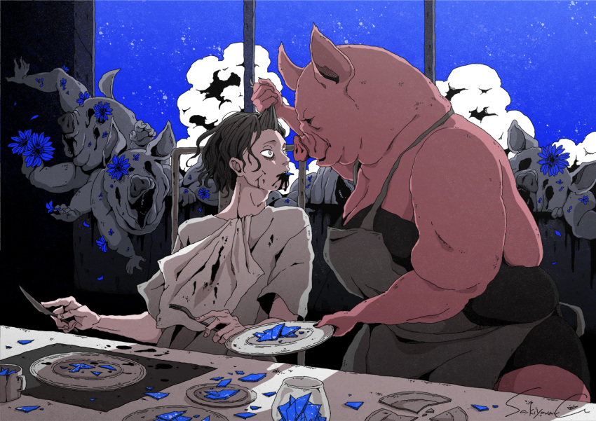 1boy apron blood blood_from_mouth eating glass horror_(theme) night original pig_head pig_man sakiyama8ma scared short_hair surreal window