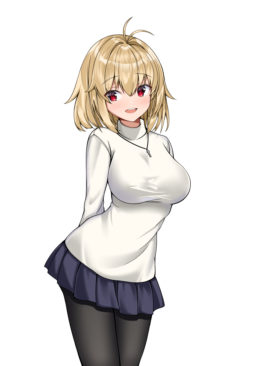 1girl :d absurdres antenna_hair arcueid_brunestud arms_behind_back bangs black_legwear blonde_hair blue_skirt blush breasts eyebrows_visible_through_hair feet_out_of_frame hair_between_eyes highres jewelry large_breasts long_sleeves looking_at_viewer miniskirt necklace open_mouth pantyhose pleated_skirt red_eyes short_hair sidelocks simple_background skirt slit_pupils smile solo standing sweater tor_ai tsukihime tsukihime_(remake) turtleneck turtleneck_sweater upper_teeth white_background white_sweater