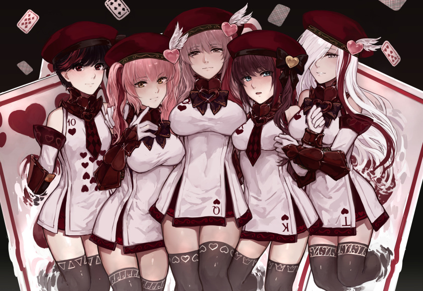 5girls argyle_neckwear bangs beret black_background black_hair black_legwear blue_eyes bracer breasts brown_hair card dress elbow_gloves gloves hair_between_eyes hair_over_one_eye hat hat_feather heart highres large_breasts light_smile long_hair medium_breasts monster_girl_encyclopedia multicolored_hair multiple_girls necktie one_eye_covered pink_hair playing_card red_eyes redhead short_hair simple_background small_breasts streaked_hair thigh-highs trumpart_(monster_girl_encyclopedia) twintails two-tone_hair white_dress white_gloves white_hair yellow_eyes zakirsiz zettai_ryouiki