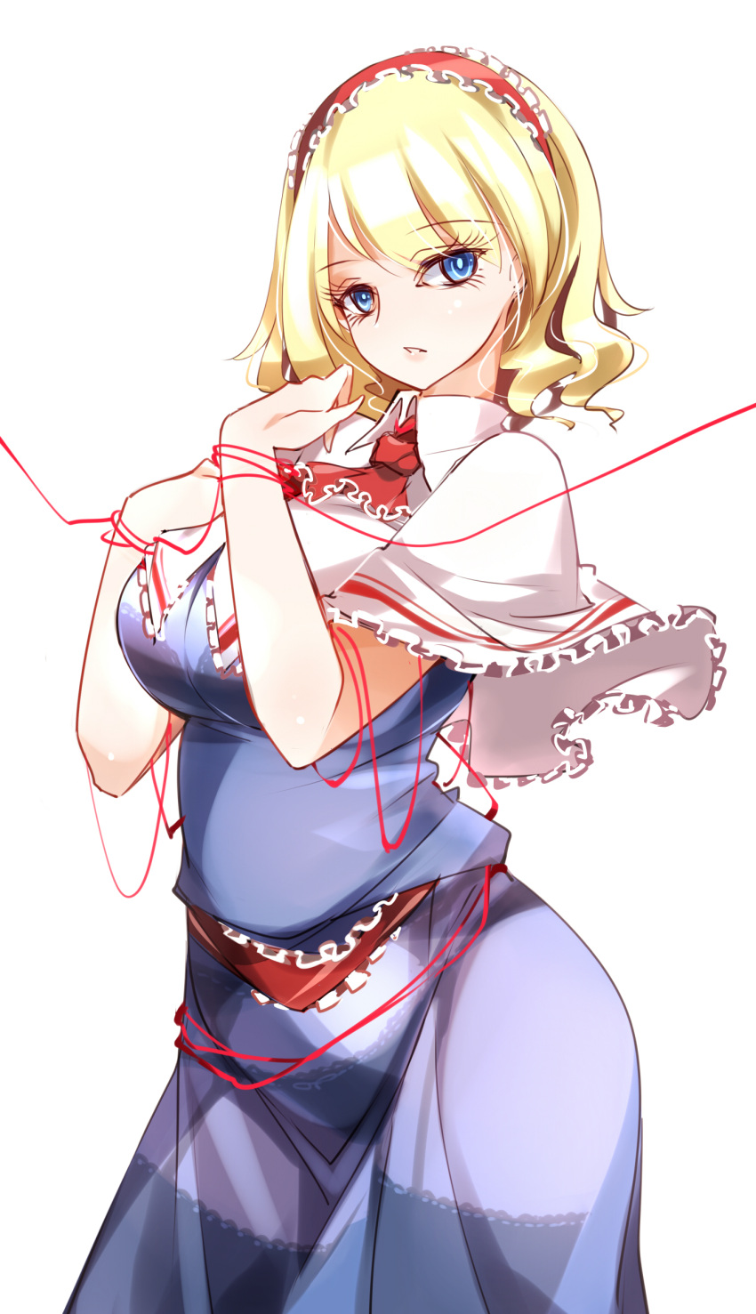 1girl absurdres alice_margatroid ascot black_legwear blonde_hair blue_dress blue_eyes capelet dress frilled_ascot frills hairband highres lingerie lolita_hairband puffy_short_sleeves puffy_sleeves raptor7 red_hairband red_neckwear see-through short_hair short_sleeves solo touhou underwear