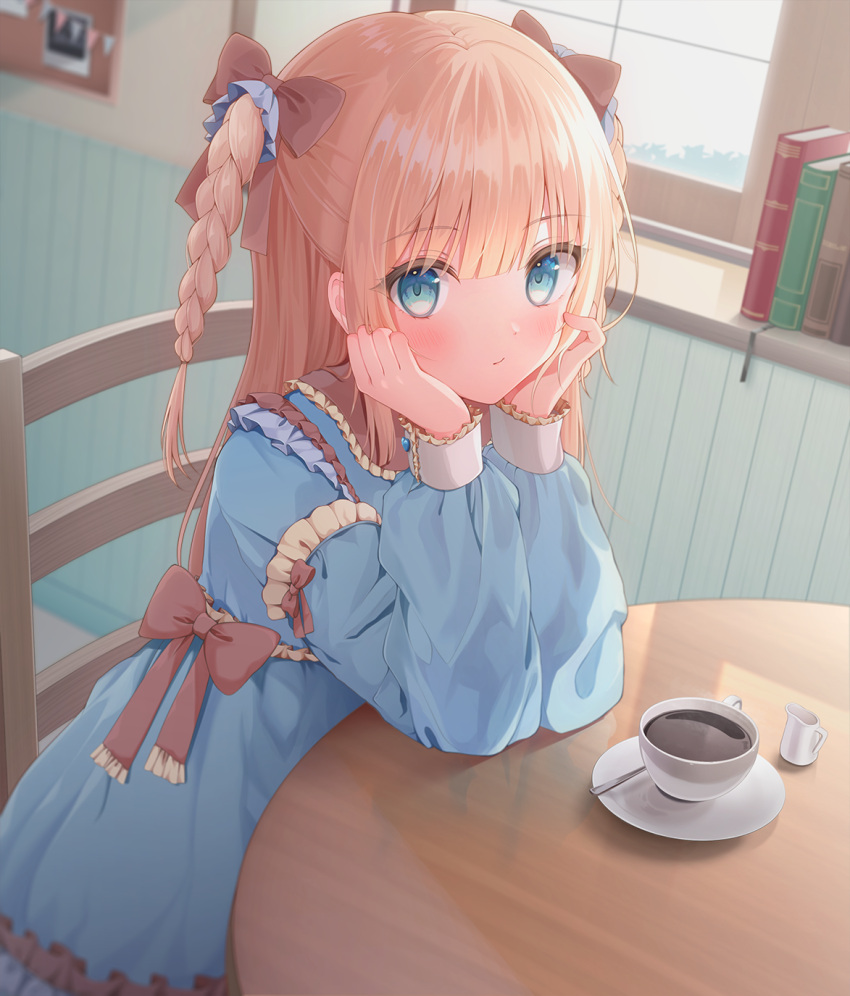 1girl bangs blonde_hair blue_dress blue_eyes book bow braid brown_bow chair closed_mouth coffee commentary_request cup dress eyebrows_visible_through_hair frilled_dress frills hair_bow hands_up highres indoors long_sleeves nufucha on_chair original puffy_long_sleeves puffy_sleeves reflection saucer sitting sleeves_past_wrists solo spoon table twin_braids two_side_up window