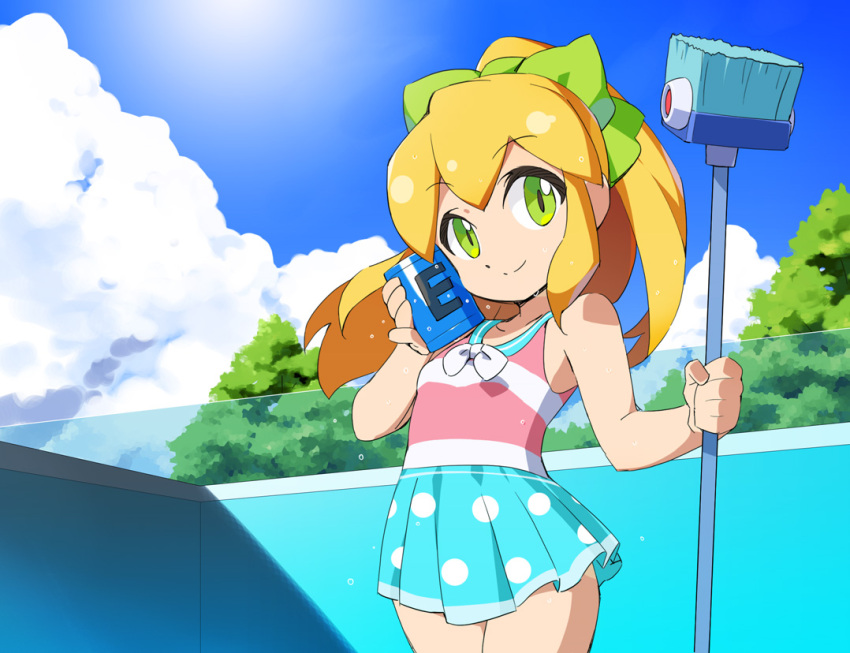 1girl blonde_hair blue_skirt bow brush can casual_one-piece_swimsuit cleaning_brush clouds empty_pool green_eyes hair_bow kaidou_zx long_hair mega_man_(series) one-piece_swimsuit outdoors ponytail pool ribbon roll_(mega_man) skirt sky smile soda_can solo striped striped_swimsuit swimsuit swimsuit_skirt two-tone_swimsuit