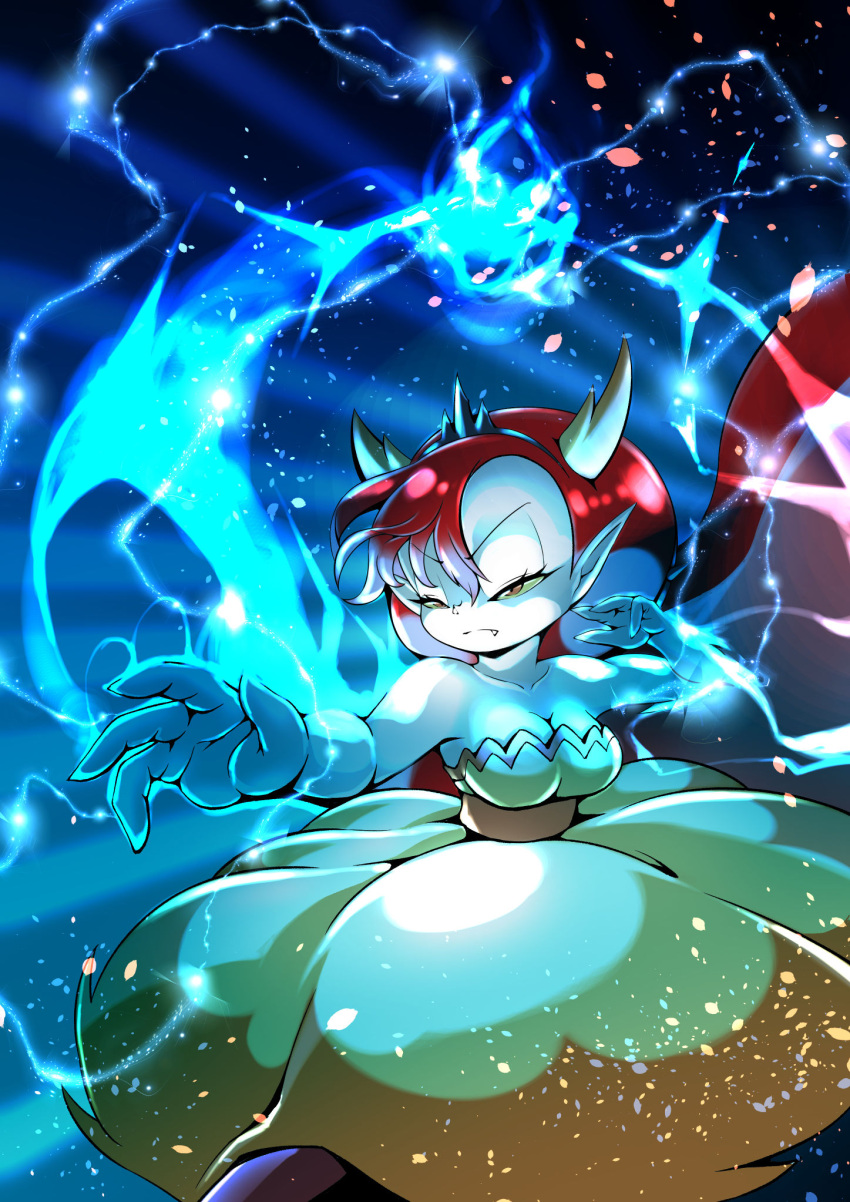 1girl blue_fire breasts cocco_(cocco1192) colored_sclera colored_skin demon_girl demon_horns dress fangs fighting_stance fire flame frown grey_skin hair_over_one_eye hekapoo highres horns large_breasts magic orange_eyes pointy_ears solo star_vs_the_forces_of_evil strapless strapless_dress tiara yellow_dress yellow_sclera