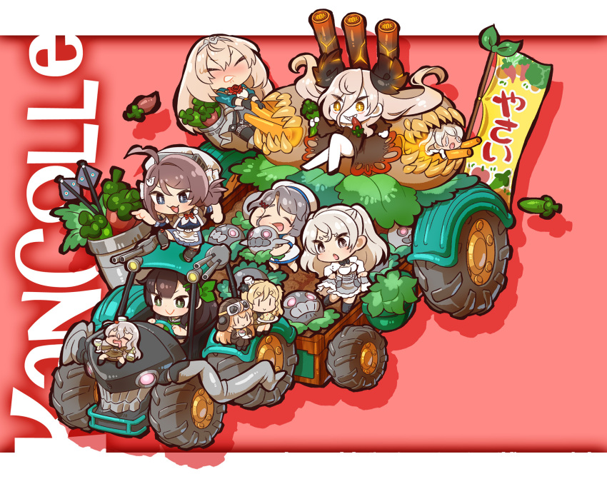 6+girls abyssal_ship ahoge black_hair blonde_hair blue_eyes blush braid brown_hair c2_kikan chaki_(teasets) chougei_(kancolle) clenched_teeth closed_eyes conte_di_cavour_(kancolle) enemy_aircraft_(kancolle) eyebrows_visible_through_hair fairy_(kancolle) futaba_channel genba_neko green_eyes grey_hair hair_between_eyes hair_ornament hair_rings hairclip highres horns kaiboukan_no._30_(kancolle) kantai_collection long_hair manganji_megumi mediterranean_dreadnought_water_princess multiple_girls open_mouth pale_skin parody pose short_hair smile teeth twin_braids victorious_(kancolle) white_hair yellow_eyes