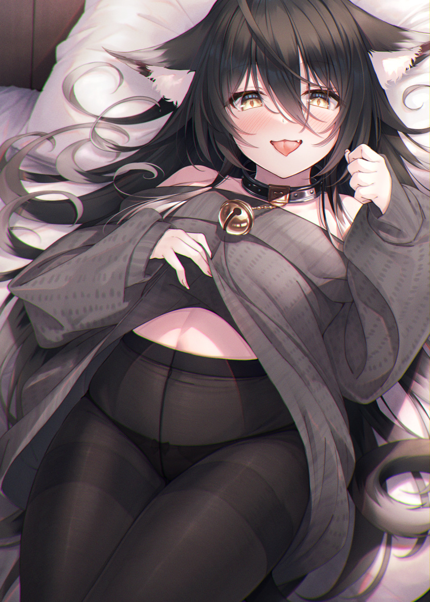 1girl absurdres animal_ear_fluff animal_ears bangs bell black_collar black_hair black_legwear black_panties blush bow bow_panties clothes_lift collar commentary_request eyebrows_visible_through_hair fang grey_sweater hair_between_eyes hasumi_(hasubatake39) highres jingle_bell lifted_by_self long_hair long_sleeves looking_at_viewer midriff multicolored_hair neck_bell off_shoulder on_bed original panties panties_under_pantyhose pantyhose pillow puffy_long_sleeves puffy_sleeves silver_hair solo streaked_hair sweater sweater_lift tail tongue tongue_out underwear yellow_eyes