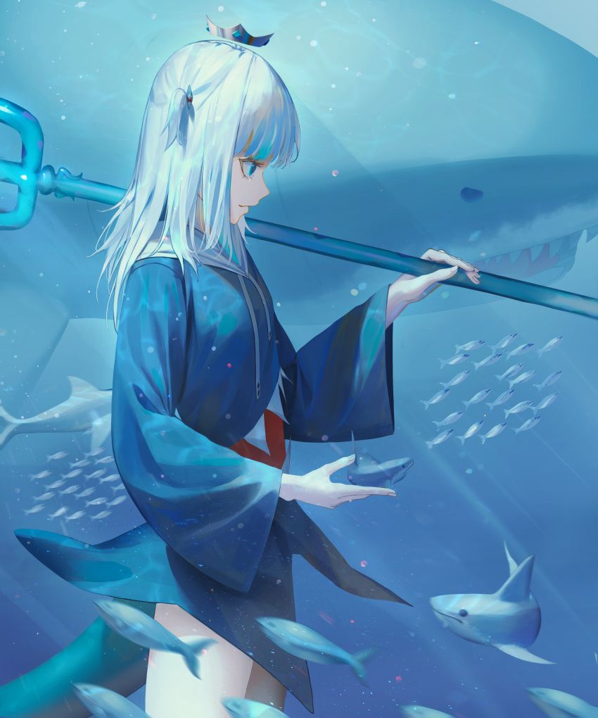 1girl absurdres animal bangs crown fish fish_tail floating_hat from_side gawr_gura highres holding_trident hololive hololive_english hood hoodie komodo light_rays long_hair long_sleeves looking_down mini_crown profile shark shark_girl shark_tail smile solo tail two_side_up underwater virtual_youtuber white_hair wide_sleeves