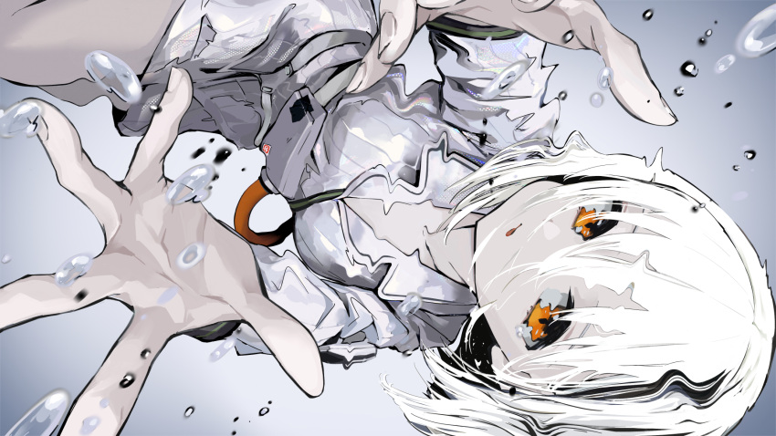 1girl air_bubble black_hair bubble collarbone daydremec fingernails hair_between_eyes highres looking_at_viewer multicolored multicolored_hair open_mouth orange_eyes original shiny shiny_clothes short_hair solo streaked_hair submerged tape underwater water white_hair