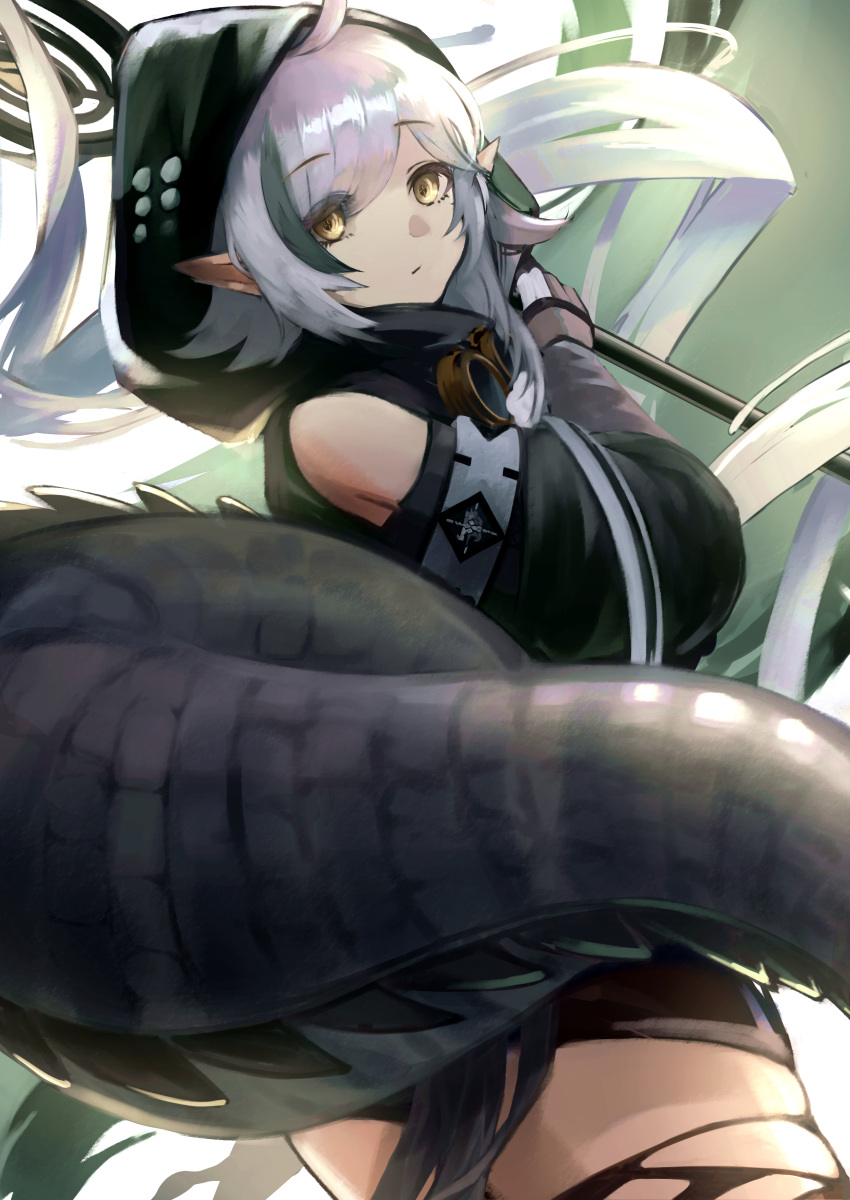 1girl absurdres arknights can_d commentary_request crocodilian_tail gloves goggles goggles_around_neck grey_gloves highres holding holding_staff hood hood_up looking_at_viewer pointy_ears silver_hair staff tail tomimi_(arknights) torn_clothes yellow_eyes