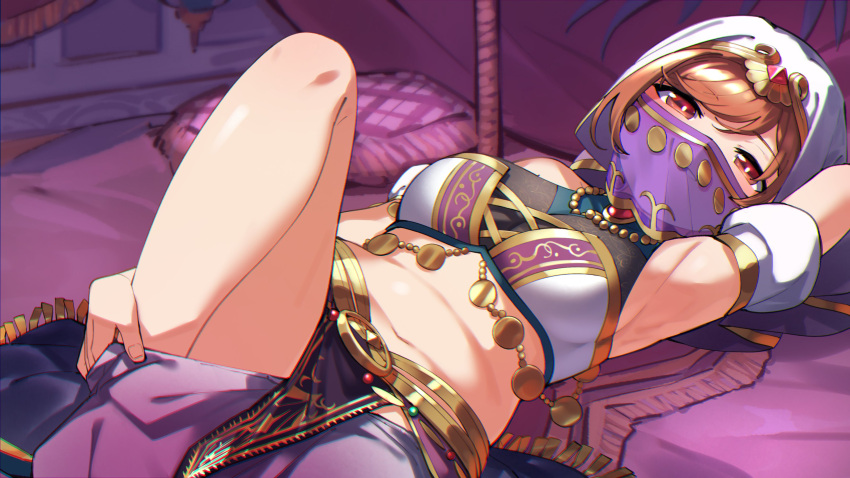 absurdres aijou_karen alternate_hairstyle arabian_clothes arm_up armpits arms_behind_back bandeau bangs bead_necklace beads bed bedroom belt belt_buckle buckle canopy_bed circlet clothes_pull commentary crown detached_sleeves gem goe_(g-o-e) hair_between_eyes halterneck harem_outfit harem_pants headdress highres indoors jewelry leg_up looking_at_viewer lying midriff mouth_veil navel necklace nun official_alternate_costume official_alternate_hairstyle on_back on_bed pants pants_pull pelvic_curtain pillow pulled_by_self purple_pants red_eyes seductive_smile shiny shiny_hair short_hair shoujo_kageki_revue_starlight sidelocks skirt smile smug stomach thighs veil