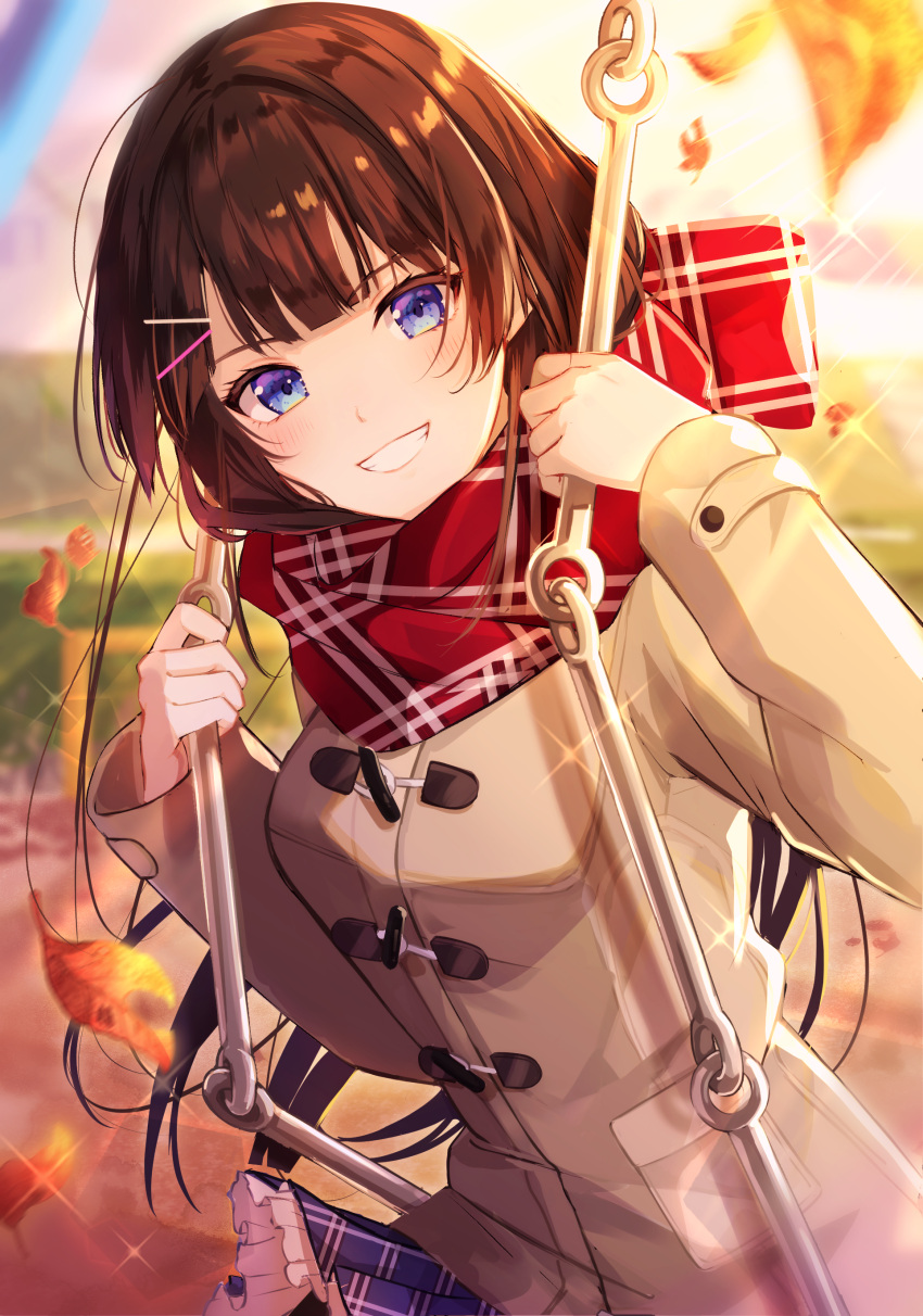 1girl absurdres bangs blue_eyes blue_skirt blurry blurry_background breasts brown_coat brown_hair coat commentary_request depth_of_field eyebrows_visible_through_hair frilled_skirt frills goroo_(eneosu) grin hair_ornament hairclip hands_up highres leaves_in_wind long_hair long_sleeves looking_at_viewer medium_breasts nijisanji outdoors pleated_skirt red_scarf scarf skirt smile solo sunset tsukino_mito very_long_hair virtual_youtuber