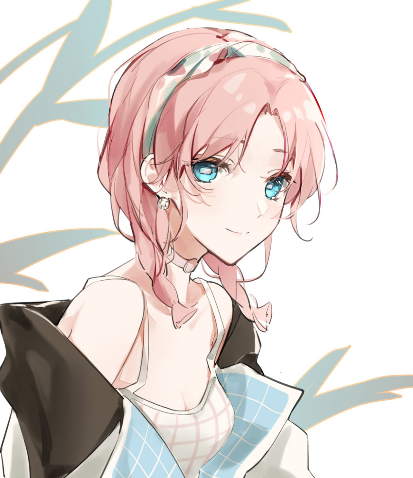 1girl alternate_hairstyle arknights bare_shoulders blue_eyes blue_poison_(arknights) blue_poison_(shoal_beat)_(arknights) braid choker closed_mouth earrings fuune hairband highres horizontal_pupils jacket jewelry off_shoulder official_alternate_costume pink_hair solo spaghetti_strap twin_braids