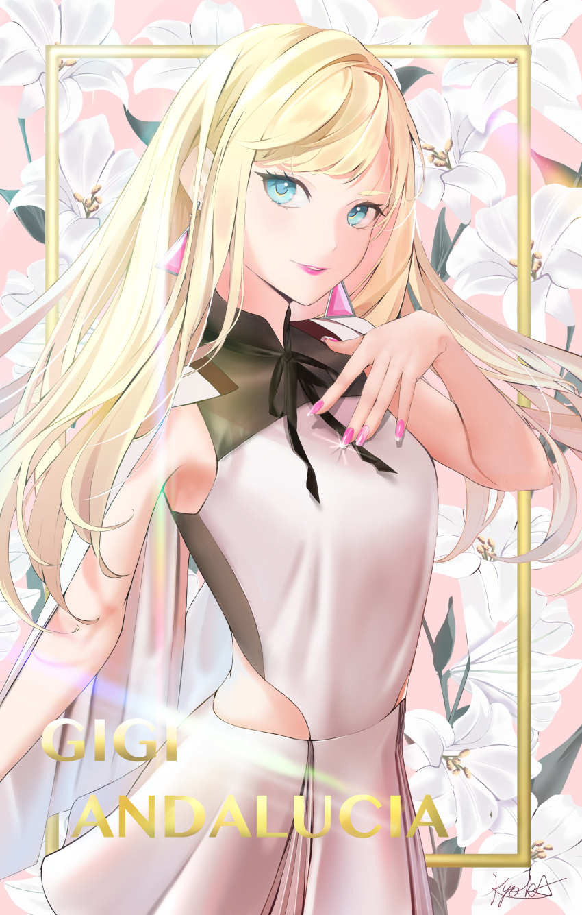 1girl absurdres bangs blonde_hair blue_eyes character_name commentary earrings english_commentary english_text floral_background flower gigi_andalusia gundam gundam_hathaway's_flash highres jewelry kyo_ka_6 long_hair pink_nails sidelocks signature solo triangle_earrings upper_body