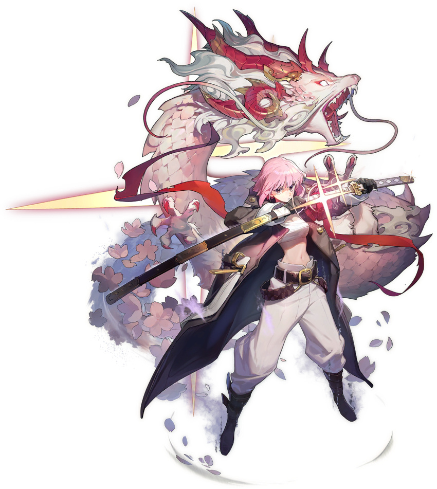 1girl alchemy_stars bandeau bangs belt black_belt black_footwear black_gloves boots breasts cherry_blossoms coat dragon drawing_sword eastern_dragon gloves highres hiiro_(alchemy_stars) holding holding_sword holding_weapon katana midriff navel official_art open_clothes open_coat pants pink_eyes pink_hair sarashi scabbard sheath short_hair small_breasts solo standing stomach strapless sword tourdog_studio transparent_background tube_top unsheathing weapon white_pants