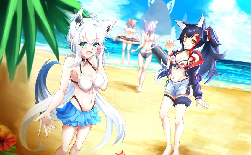 4girls absurdres ahoge animal_ear_fluff animal_ears bangs beach bikini bikini_skirt black_bikini black_hair black_jacket brown_hair cat_ears cat_girl cat_tail claw_pose clouds cloudy_sky commentary_request day dog_ears dog_girl dutch_angle earrings eyebrows_visible_through_hair fox_ears fox_girl fox_tail green_eyes hair_between_eyes hair_ornament hairclip halterneck hand_in_hair highres hololive hololive_gamers innertube inugami_korone jacket jewelry leaf_print long_hair looking_at_viewer maple_leaf_print multicolored_hair multiple_girls namikaze_minami nekomata_okayu ocean ookami_mio open_clothes open_jacket oruyanke_(shirakami_fubuki) outstretched_arm palm_leaf ponytail purple_hair redhead shirakami_fubuki short_hair short_shorts shorts sidelocks sky streaked_hair string_bikini swimsuit tail tail_around_leg thigh_strap virtual_youtuber wading white_bikini white_hair white_shorts wolf_ears wolf_girl wolf_tail yellow_eyes