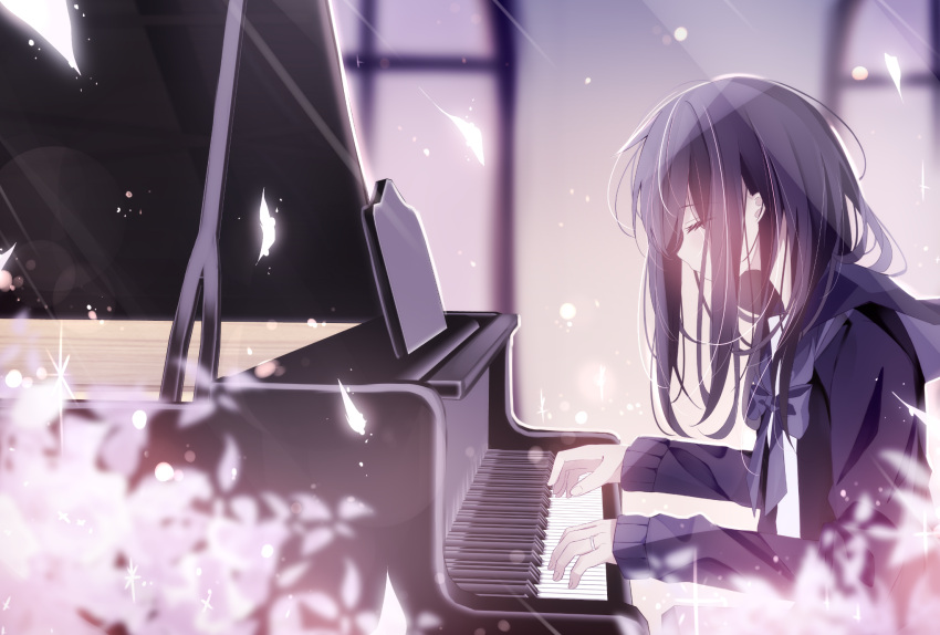 1girl black_hair blue_bow blue_neckwear bow closed_eyes falling_petals highres instrument jewelry long_hair long_sleeves music original petals piano playing_instrument playing_piano profile ring sailor_collar school_uniform serafuku solo wedding_band yuiragi_yuki