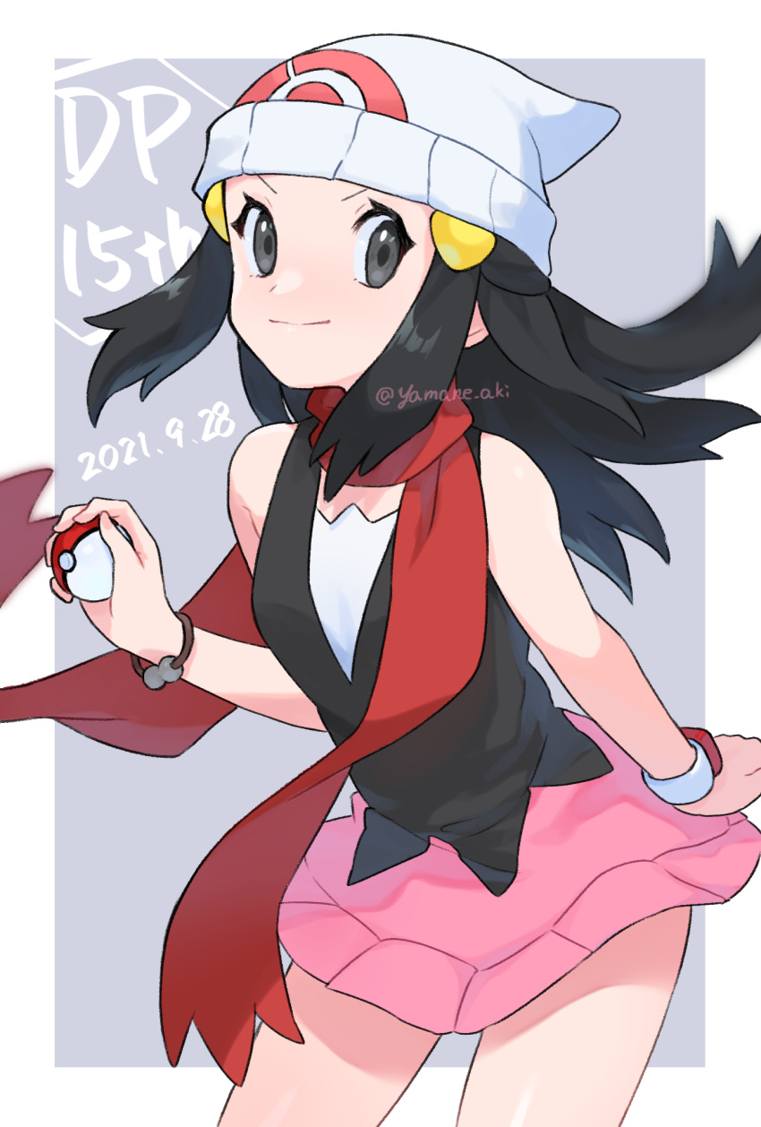 1girl aki_yamane anniversary beanie black_hair black_shirt bracelet closed_mouth commentary_request dated hikari_(pokemon) eyelashes floating_hair grey_eyes hat highres holding holding_poke_ball jewelry long_hair looking_at_viewer pink_skirt poke_ball poke_ball_(basic) pokemon pokemon_(game) pokemon_dppt shirt skirt sleeveless sleeveless_shirt smile solo white_headwear