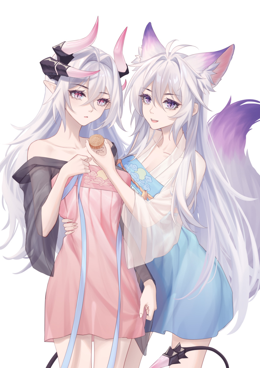 1girl 2girls absurdres animal_ear_fluff animal_ears antenna_hair breasts chinese_clothes collarbone extra_ears food fox_ears fox_girl fox_tail grey_hair hair_intakes hanfu highres holding holding_food horns kirby_d_a large_tail multiple_girls pink_hair pointy_ears simple_background tail thigh_gap translucent violet_eyes white_hair