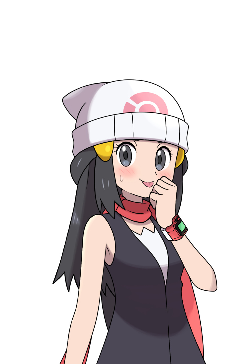 1girl asatsuki_(fgfff) beanie black_hair blush bracelet clenched_hand closed_mouth commentary_request hikari_(pokemon) eyelashes grey_eyes hair_ornament hairclip hand_up hat highres jewelry long_hair pokemon pokemon_(game) pokemon_dppt red_scarf scarf shirt simple_background sleeveless sleeveless_shirt smile solo sweatdrop tongue tongue_out white_background white_headwear
