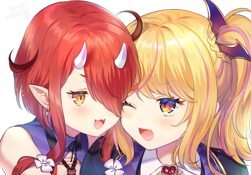 2girls bangs bare_shoulders bat_hair_ornament blonde_hair blush commentary_request earrings fangs hair_ornament hair_over_one_eye hoozuki_warabe horns jewelry multicolored_hair multiple_girls noripro okanoyuno one_eye_closed one_eye_covered one_side_up oni oni_horns open_mouth orange_eyes pink_hair pointy_ears redhead virtual_youtuber yellow_eyes yumeno_lilith