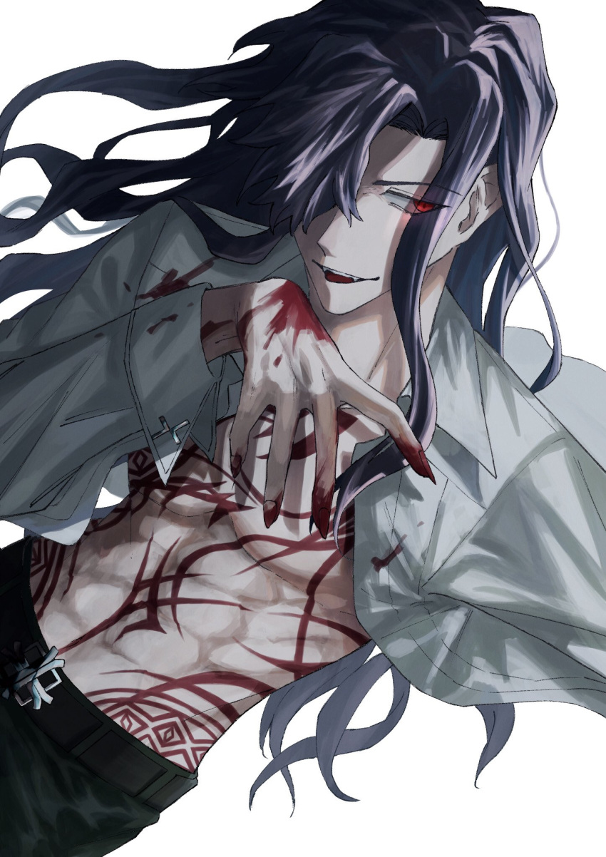 1boy abs bangs belt black_hair black_pants blood blood_on_clothes blood_on_hands collared_shirt commentary cowboy_shot dress_shirt dutch_angle hair_over_one_eye highres long_hair long_sleeves looking_to_the_side male_focus mameki markings michael_roa_valdamjong open_clothes open_mouth open_shirt pants red_eyes shirt sidelocks simple_background smile solo toned toned_male tsukihime tsukihime_(remake) tsurime white_background white_shirt wing_collar