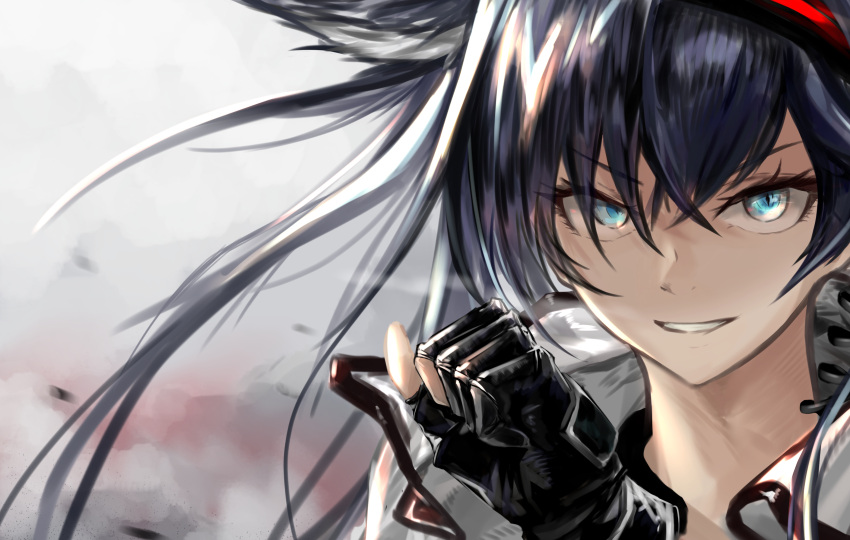 1girl absurdres animal_ears arknights bangs black_gloves black_hair blaze_(arknights) cat_ears cat_girl crossed_bangs eyebrows_visible_through_hair gloves grey_eyes hair_between_eyes hand_up high_collar highres jacket long_hair looking_at_viewer messy_hair portrait sidelocks smile solo utsuke very_long_hair white_jacket