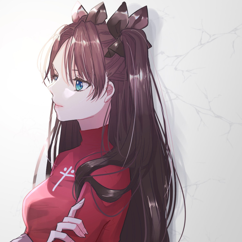 1girl blue_eyes bow breasts brown_hair colored_eyelashes cowboy_shot crossed_arms fate/stay_night fate_(series) forehead from_side hair_bow highres long_hair medium_breasts red_sweater roku_(ntbr_fate) sidelocks solo sweater tohsaka_rin turtleneck turtleneck_sweater two_side_up upper_body white_background