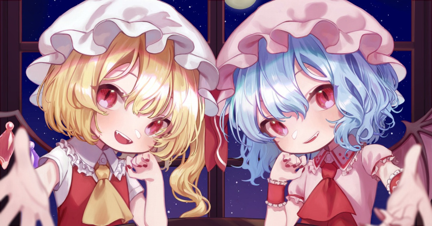 2girls ascot bangs bat_wings blue_hair blurry blush commentary_request crystal depth_of_field flandre_scarlet flat_chest foreshortening frilled_shirt_collar frills hair_between_eyes hand_on_own_cheek hand_on_own_face hand_up hat head_tilt indoors looking_at_viewer mob_cap moon multiple_girls nail_polish night night_sky one_side_up pink_headwear pink_shirt puffy_short_sleeves puffy_sleeves reaching_out red_eyes red_nails red_neckwear red_vest remilia_scarlet shirt short_hair short_sleeves siblings sisters sky star_(sky) starry_sky teruteru_(teru_teru) touhou upper_body vest white_headwear window wings wrist_cuffs yellow_neckwear