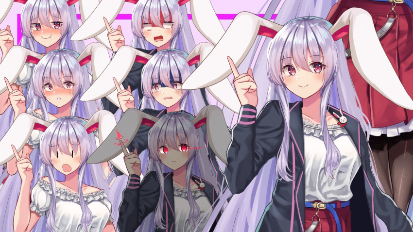 1girl =o afueeriru alternate_costume animal_ears belt black_coat black_legwear blue_belt blush breasts bunny_pin close-up coat collarbone commentary_request expressions finger_gun gloom_(expression) glowing glowing_eyes highres large_breasts laughing light_purple_hair long_hair long_sleeves looking_at_viewer looking_to_the_side no_pupils nose_blush off-shoulder_shirt off_shoulder open_mouth rabbit_ears red_eyes red_skirt reisen_udongein_inaba shaded_face shirt sidelocks skirt smile solo standing surprised sweatdrop thigh-highs touhou upper_body v-shaped_eyebrows wavy_mouth white_shirt