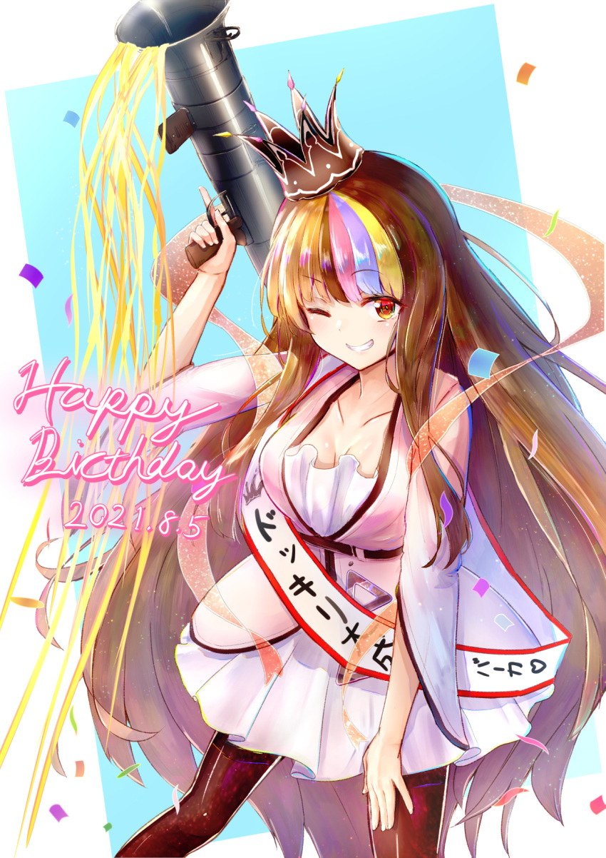 1girl breasts brown_eyes collarbone commentary confetti cowboy_shot crown dated dress galaco grin gun hand_on_thigh hand_up happy_birthday highres holding holding_gun holding_weapon long_hair looking_at_viewer lukky_clover medium_breasts multicolored_hair one_eye_closed pink_dress pleated_dress rocket_launcher sash smile solo standing streaked_hair streamers translated very_long_hair vocaloid weapon