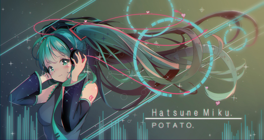 1girl absurdres aqua_eyes aqua_hair aqua_nails aqua_neckwear artist_name bare_shoulders black_sleeves cable character_name commentary crying crying_with_eyes_open detached_sleeves floating_hair graphic_equalizer grey_shirt hair_ornament hands_on_headphones hands_up hatsune_miku headphones headset heart highres long_hair looking_at_viewer nail_polish necktie potato_(user_vmjc8744) shirt shoulder_tattoo sleeveless sleeveless_shirt solo sparkle star_(sky) tattoo tears twintails upper_body very_long_hair vocaloid wavy_mouth