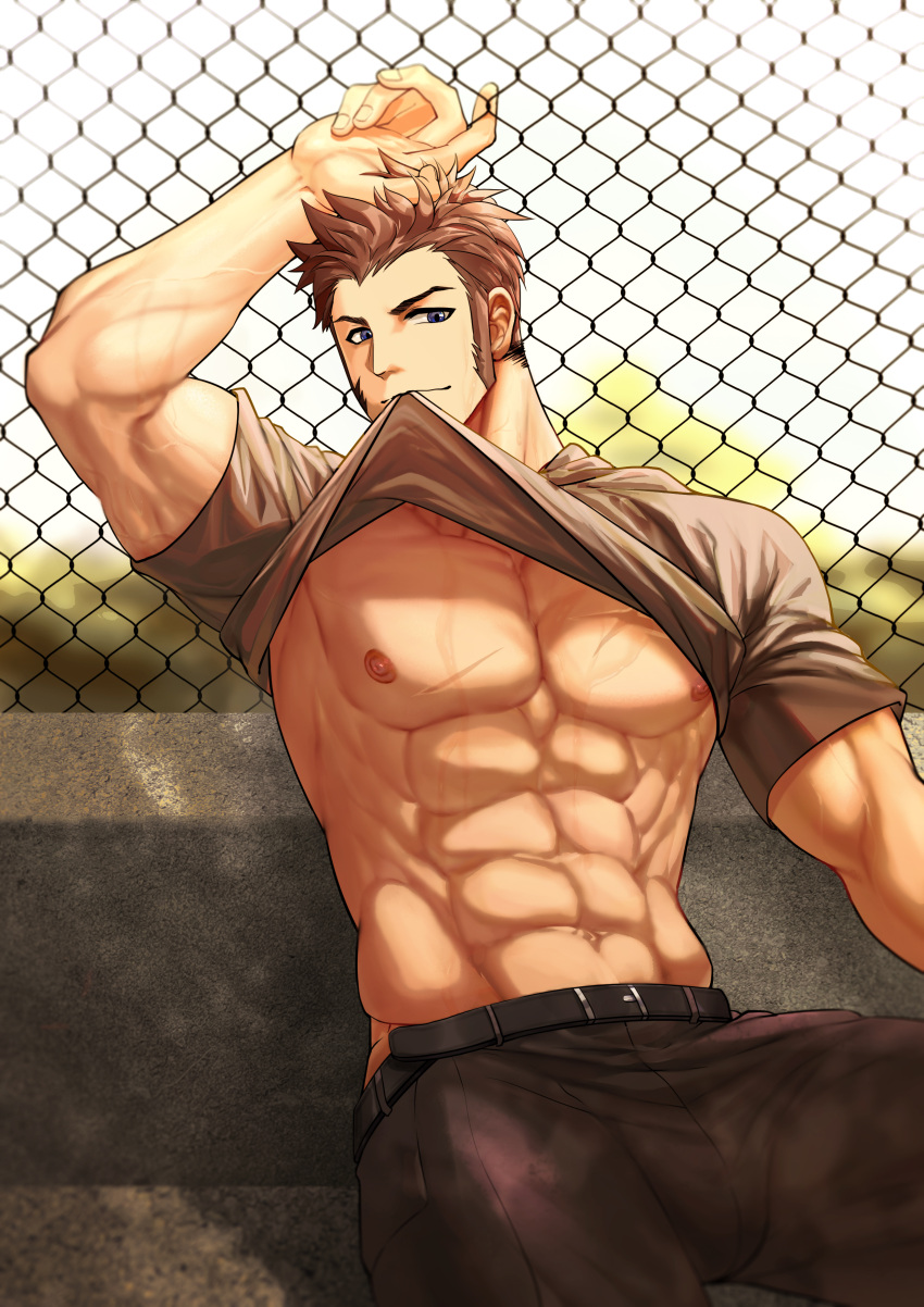 1boy abs absurdres armpits belt biceps blue_eyes brown_belt brown_hair brown_pants brown_shirt casual clothes_lift cross_scar fate/grand_order fate_(series) fence hand_in_hair highres large_pectorals lifted_by_self long_sideburns looking_at_viewer mouth_hold muscular muscular_male nanyu1998 napoleon_bonaparte_(fate) on_bench pants pectorals scar scar_on_chest shirt shirt_in_mouth shirt_lift sideburns sitting solo topless_male