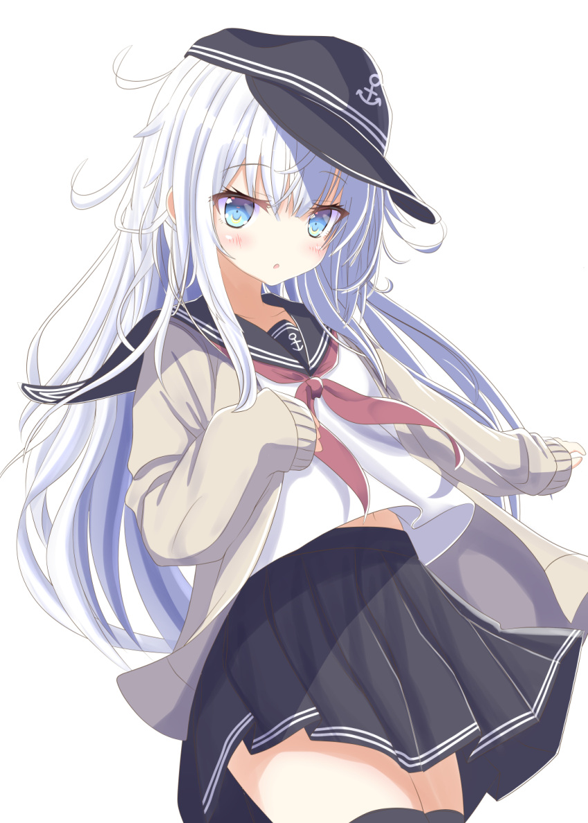 1girl anchor_symbol aruka_(alka_p1) black_headwear black_legwear black_sailor_collar black_skirt blue_eyes blush cardigan cowboy_shot eyebrows_visible_through_hair flat_cap grey_cardigan hair_between_eyes hat hibiki_(kancolle) highres kantai_collection long_hair long_sleeves neckerchief open_mouth pleated_skirt red_neckwear sailor_collar school_uniform serafuku silver_hair simple_background skirt solo thigh-highs white_background