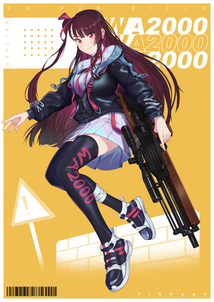 1girl absurdres barcode black_jacket black_legwear blush breasts bullpup character_name closed_mouth eyebrows_visible_through_hair fikkyun girls_frontline gun hair_ribbon highres holding holding_weapon jacket jumping lips long_hair looking_at_viewer medium_breasts purple_hair ribbon rifle shirt shoes side_ponytail simple_background skirt smile sneakers sniper_rifle solo thigh-highs violet_eyes wa2000_(girls'_frontline) walther walther_wa_2000 weapon white_shirt white_skirt
