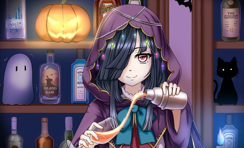 1girl alcohol bar bat black_hair blue_neckwear bow bowtie cat cloak closed_mouth cup dress drinking_glass eyebrows_visible_through_hair ghost hair_over_one_eye halloween halterneck hayashimo_(kancolle) hime_cut jack-o'-lantern kantai_collection karuna_(madlax) long_hair looking_at_viewer pouring red_eyes school_uniform shirt smile solo uniform upper_body very_long_hair white_shirt wine_glass witch
