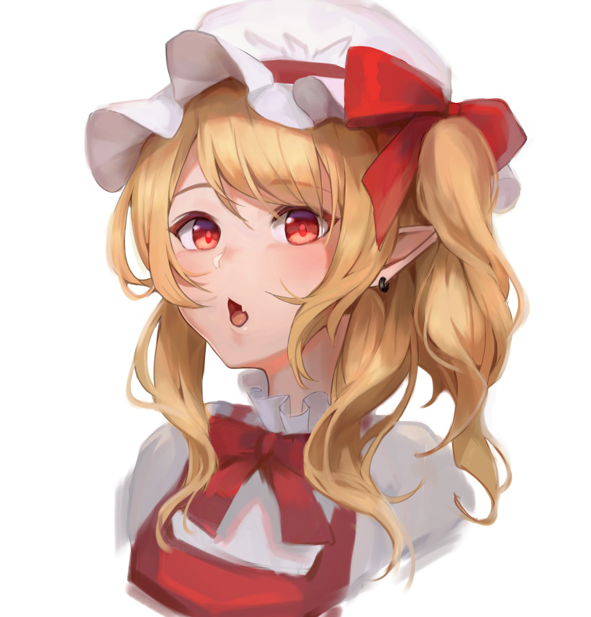 1girl absurdres adapted_costume bangs blonde_hair blush bow bowtie commentary_request cropped_torso earrings eyebrows_visible_through_hair fang flandre_scarlet hair_between_eyes hakusyokuto hat highres jewelry looking_at_viewer mob_cap one_side_up open_mouth pointy_ears puffy_short_sleeves puffy_sleeves red_bow red_eyes red_neckwear red_vest short_sleeves simple_background skin_fang solo swept_bangs touhou upper_body vest white_background white_headwear