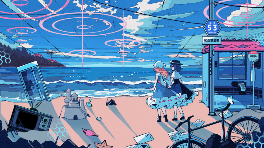 2girls antennae backpack bag beach bicycle black_footwear black_skirt blonde_hair blue_sky boots bow bus_stop circle clouds cloudy_sky commentary_request dress facing_away fedora footwear_bow frilled_skirt frills ground_vehicle hat hexagon highres holding_hands kirero long_hair looking_to_the_side maribel_hearn mary_janes mob_cap multiple_girls ocean paper phone_booth purple_dress radio randoseru ribbon-trimmed_skirt ribbon_trim sand sand_castle sand_sculpture shadow shell shirt shoes short_hair shovel signpost skirt sky starfish touhou usami_renko utility_pole waves white_legwear white_shirt