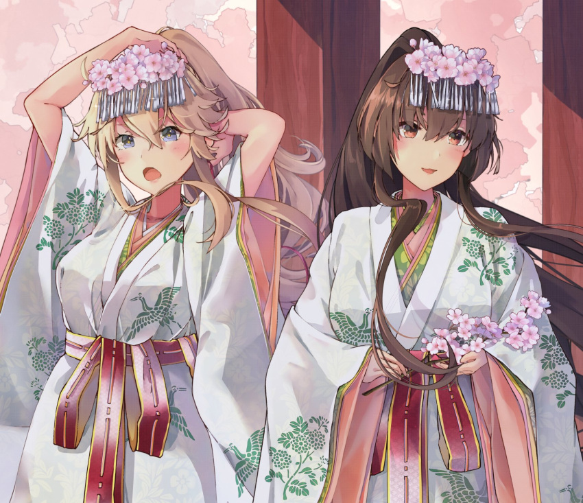 2girls blonde_hair blue_eyes blush brown_eyes brown_hair commentary eyebrows_visible_through_hair flower hair_between_eyes hair_flower hair_ornament highres himeyamato iowa_(kancolle) japanese_clothes kantai_collection kimono long_hair long_skirt miko multiple_girls open_mouth pink_kimono ponytail red_skirt skirt smile upper_body white_kimono yamato_(kancolle)