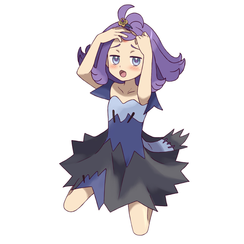 1girl absurdres acerola_(pokemon) asatsuki_(fgfff) bangs blue_dress blush collarbone commentary_request dress flipped_hair full_body grey_dress grey_eyes hair_ornament hairclip hands_up highres kneeling looking_at_viewer medium_hair multicolored multicolored_clothes multicolored_dress open_mouth pokemon pokemon_(game) pokemon_sm purple_hair raised_eyebrows short_sleeves simple_background solo stitches tongue topknot torn_clothes torn_dress white_background