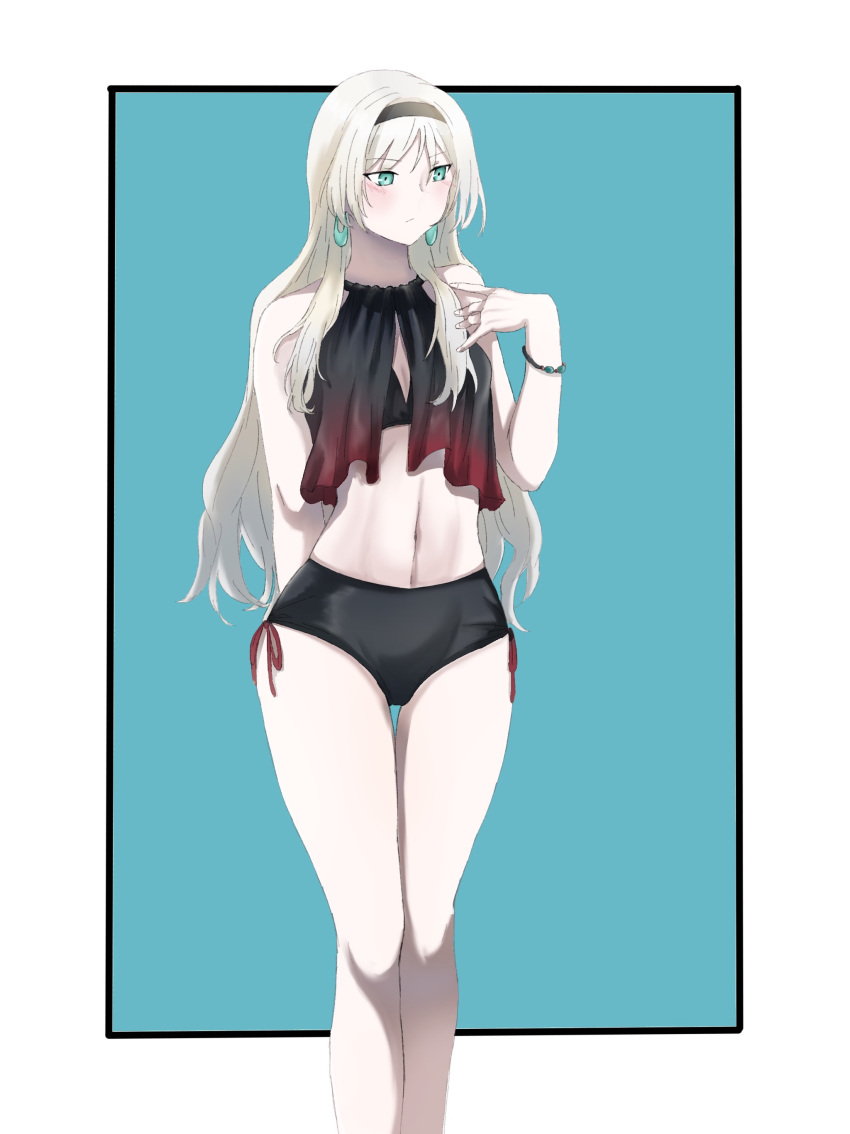 1girl absurdres an-94_(girls'_frontline) aqua_eyes arm_behind_back black_hairband black_swimsuit blonde_hair blush bracelet breasts closed_mouth earrings eyebrows_visible_through_hair feet_out_of_frame finellen girls_frontline hairband highres jewelry long_hair looking_away looking_down navel simple_background small_breasts solo standing swimsuit