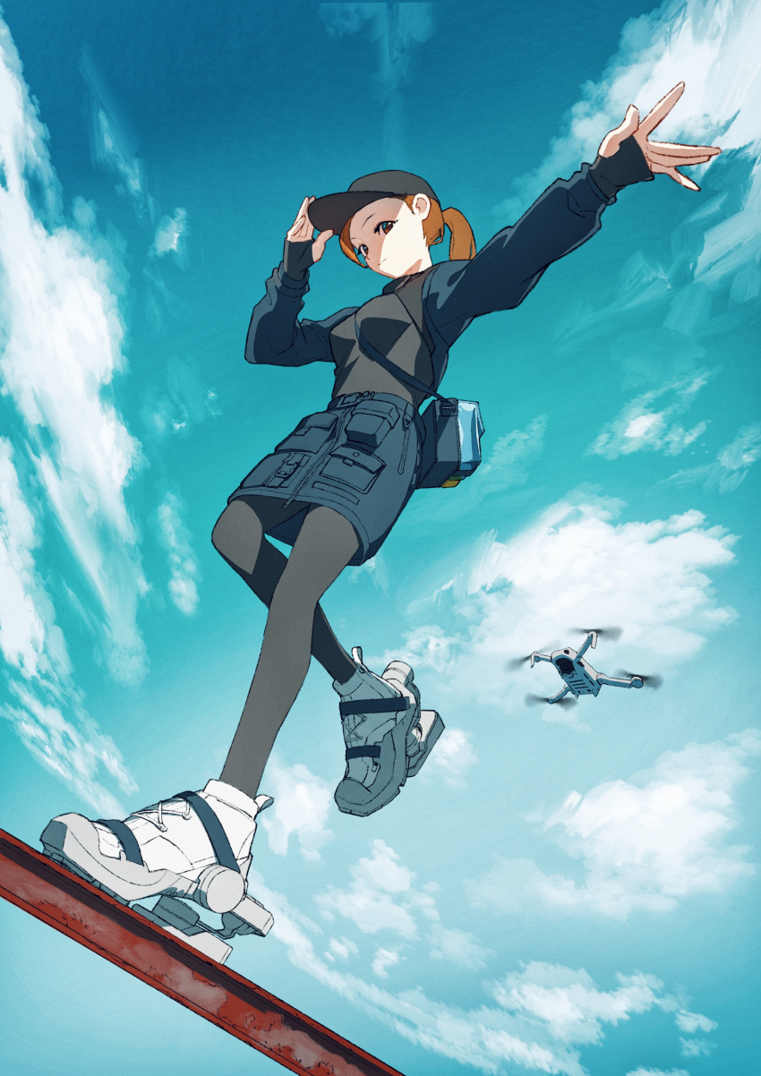 1girl absurdres black_legwear breasts brown_hair clouds day drone from_below full_body hat highres long_sleeves match_(type74tk) medium_breasts original outdoors pantyhose pocket ponytail shoes skirt sneakers solo standing
