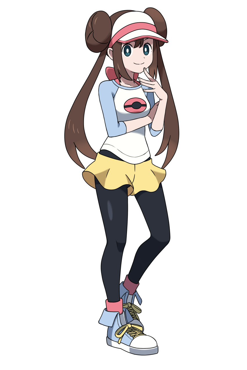 1girl absurdres asatsuki_(fgfff) bangs black_legwear bow breasts bright_pupils brown_hair closed_mouth double_bun eyelashes full_body green_eyes highres legwear_under_shorts long_hair looking_at_viewer pantyhose pink_bow pokemon pokemon_(game) pokemon_bw2 raglan_sleeves rosa_(pokemon) shirt shoes short_shorts shorts smile sneakers solo standing twintails visor_cap white_pupils yellow_shorts